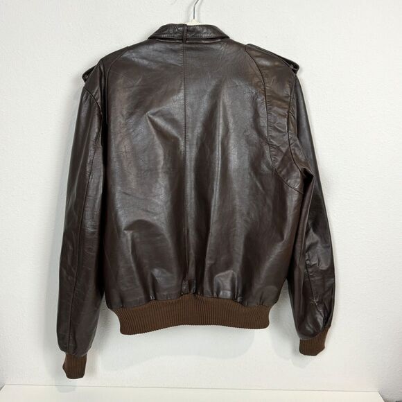 Vintage 80s Brown Leather Bomber Racing Jacket & Removable Faux Fur Liner L/48 - Picture 4 of 16